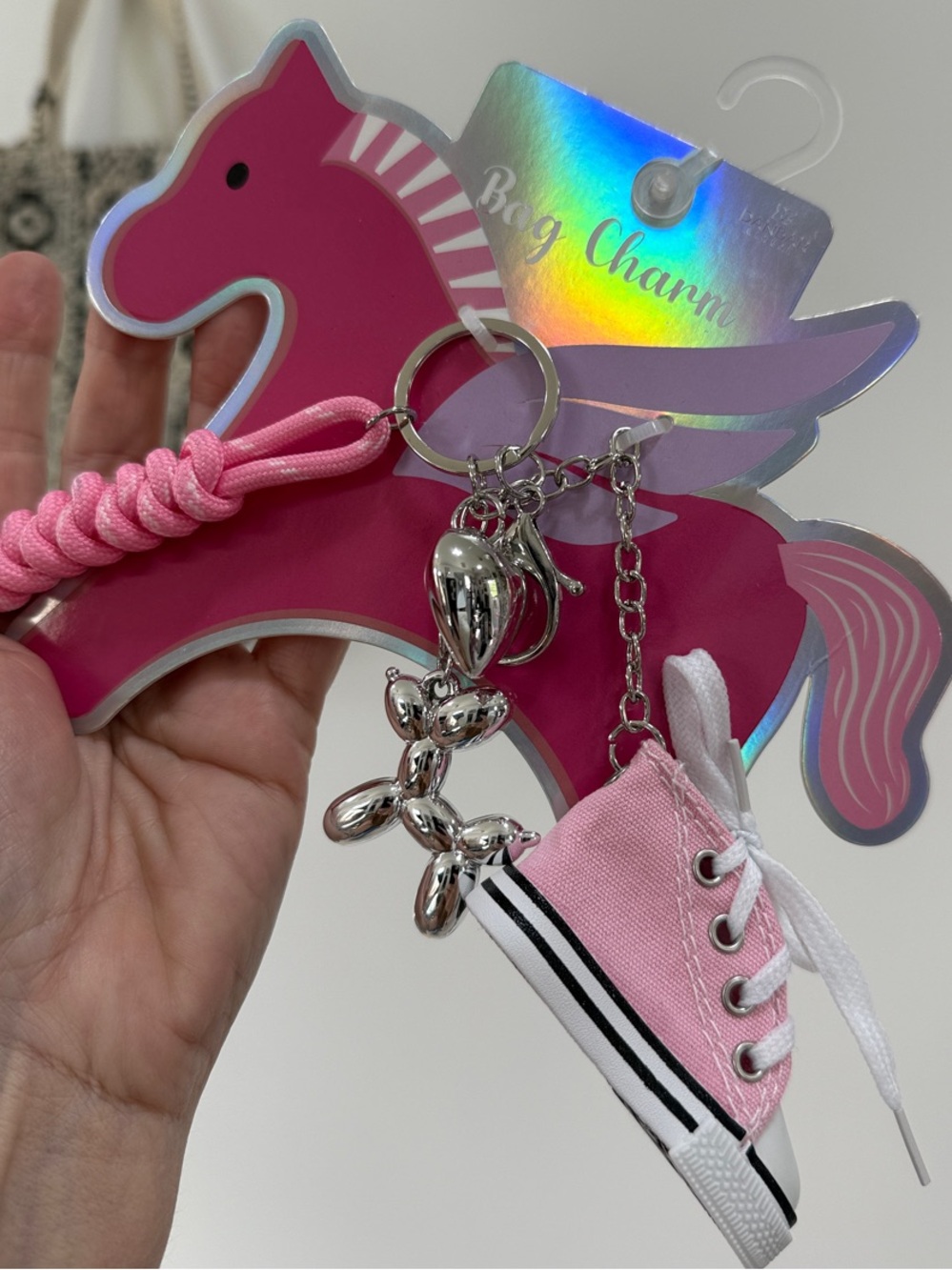 Pink Sneaker Bag Charm Keychain with Silver Balloon Dog Accent
